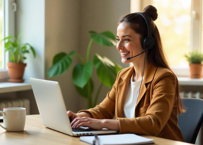 A woman in a headset sits at a desk with a laptop, providing personal support and assistance.