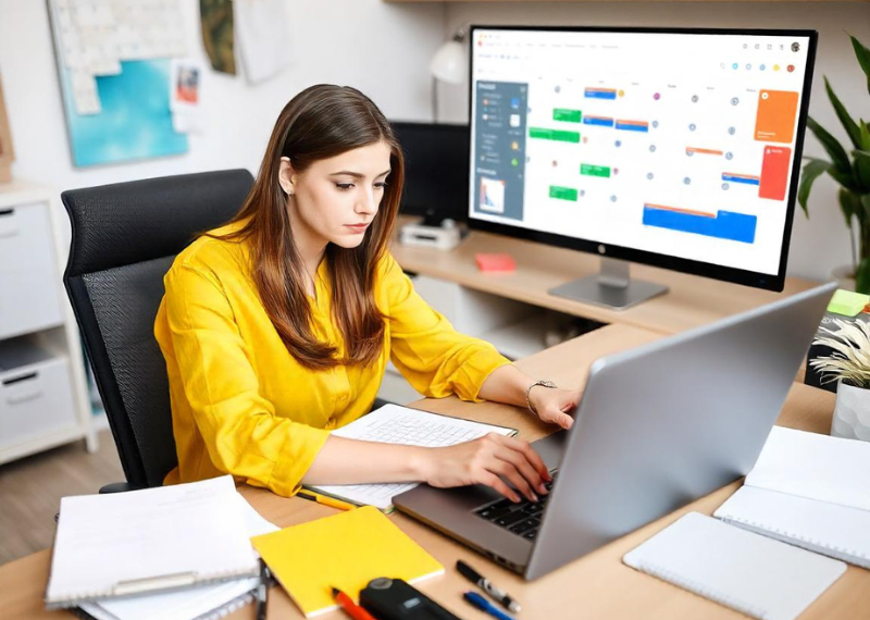 A female VA provides administrative support while working on her laptop before a computer screen.