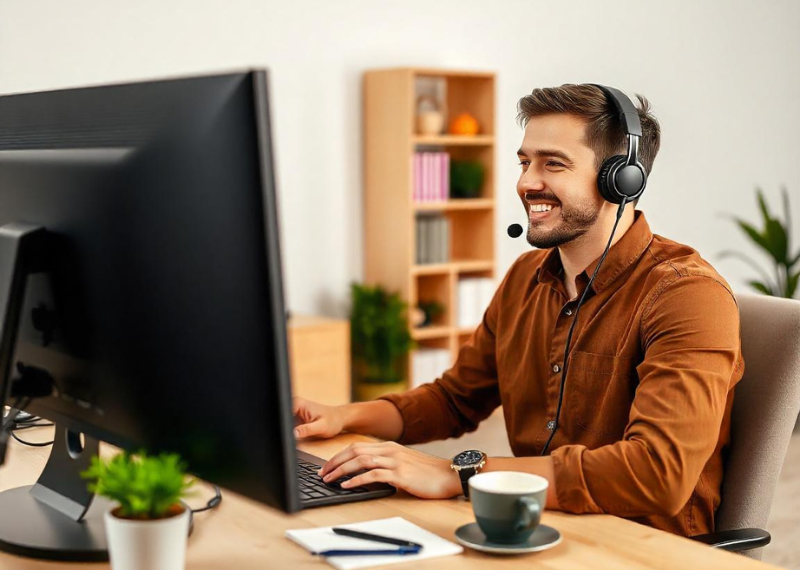 A Customer Service Virtual Assistant wearing a headset sits at a desk, focused on a computer.