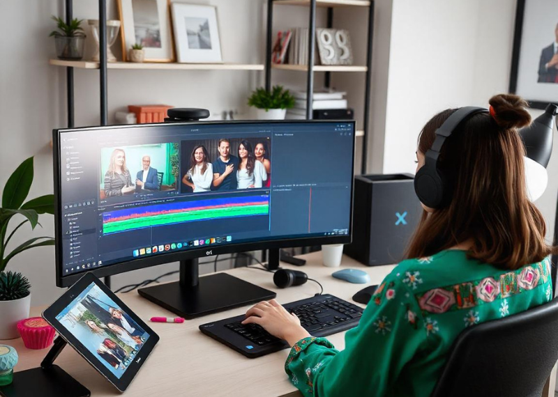 A ZippiFlex video editing virtual assistant is editing a video on her computer.