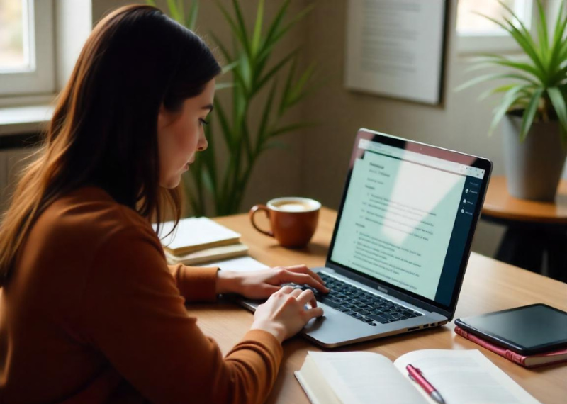 A woman focused on her laptop at home, engaged in writing and editing as a virtual assistant.