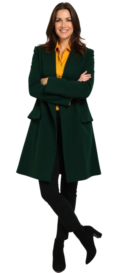 A confident virtual assistant in green coat standing.