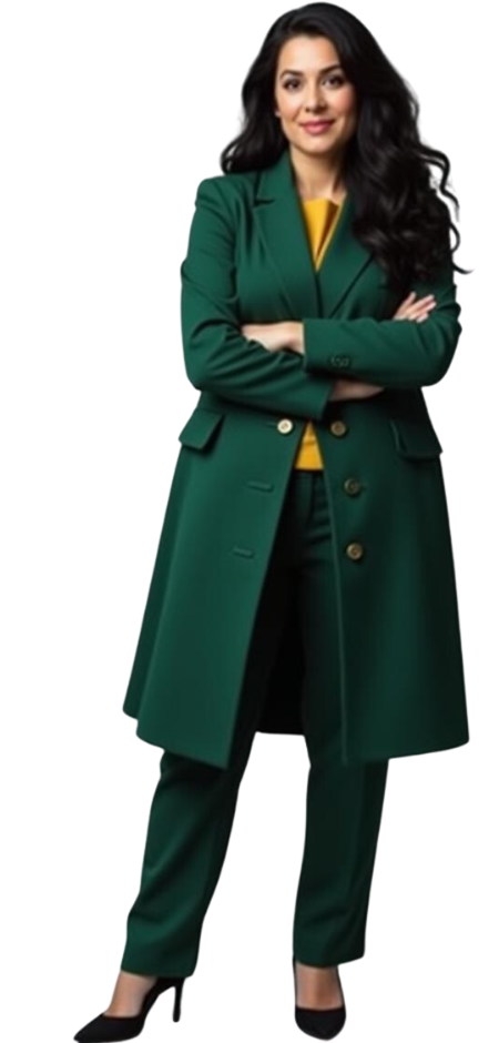 A premium virtual assistant wearing a green coat is standing with confidence.