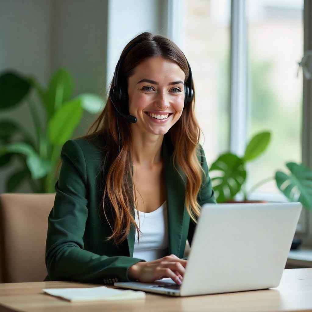 A young enthusiastic travel assistant is booking a flight for her client.