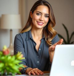 A premium virtual assistant in a blue blouse working on her current project happily.